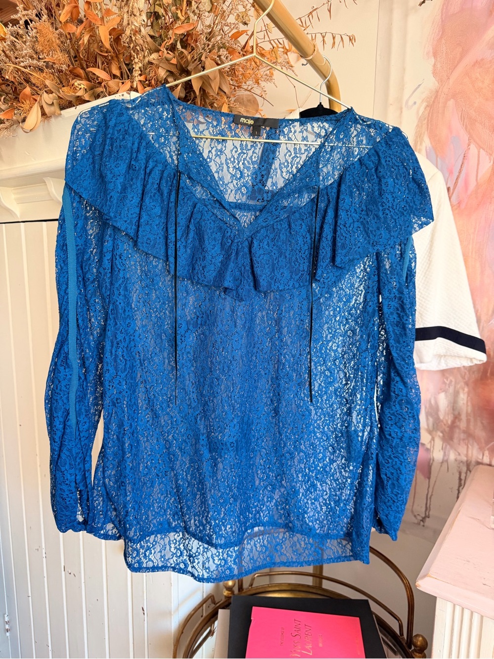 Maje Royal Blue Lace Ruffle-Trim Long Sleeve Blouse